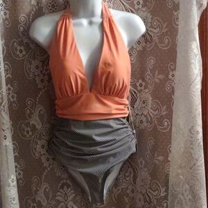 New Cupshe Size S‎ One Piece Halter Swimsuit Peach Top Black Stripe Bottom